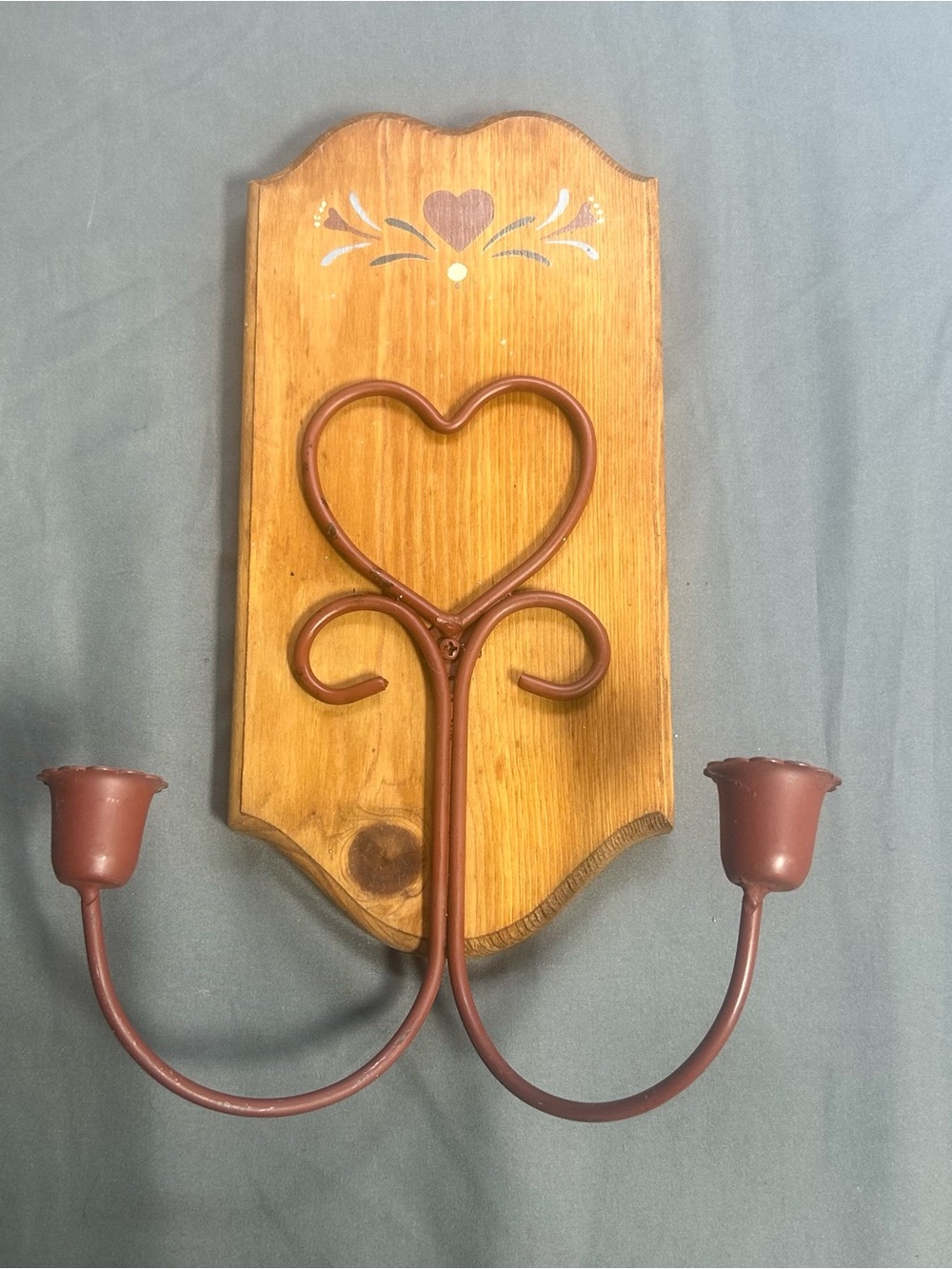 Vintage Folk Art Heart Wall Sconce Candle Holder Wood Plaque Farm Country Decor